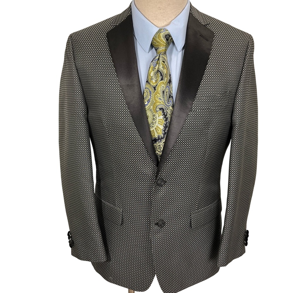 Van Heusen Tuxedo Jacket Men 38R‎ Black White Diamond Poly Wedding  Party Formal